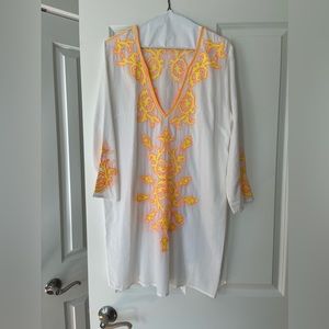 White linen Shoshanna coverup with neon embroidery